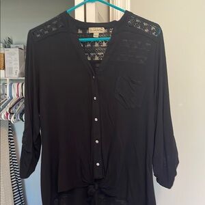 Black V-Neck 3/4 Sleeve Button Down Shirt